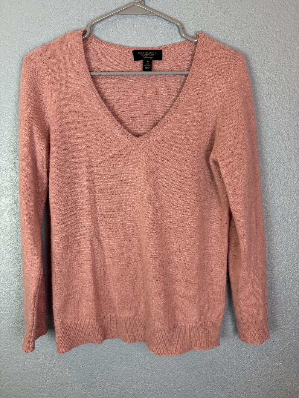 Charter Club Cashmere Sweater Womens Medium Pink V-Neck Pullover 100% Cashmere